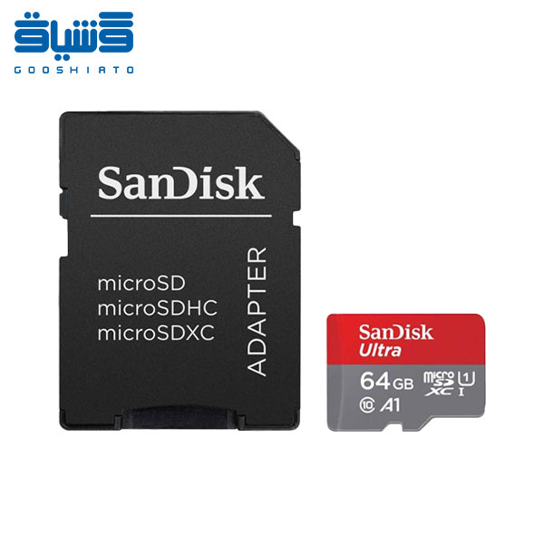 کارت حافظه microSDXC سن دیسک مدل Ultra A1 کلاس 10 استاندارد UHS-I سرعت 100MBps ظرفیت 64 گیگابایت به همراه آداپتور SD-Sandisk Ultra A1 UHS-I Class 10 100MBps microSDXC Card With Adapter 64GB